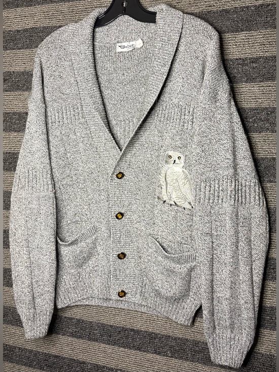 Bovet Other - Vintage 90’s Bovet Grey Wool Blend Cardigan with Owl Patch Men’s Medium EUC